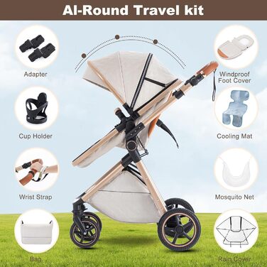 Дитяча коляска Zkipm 3 в 1, комплект з люлькою, автокріслом, складається, прогулянка, регулювання положення, великий капюшон, до 15 кг, 0-3 роки (8-V8-Кара-Коричнева)