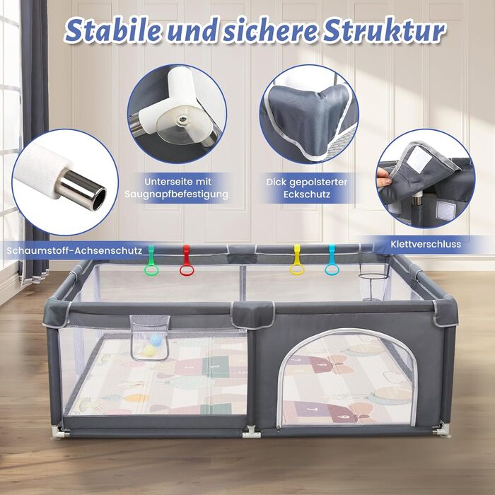 Манеж дитячий CHOLY для немовлят та малюків, 128x128 см, сірий з килимком 150x180 см - безпечний, міцний, з сіткою та захистом