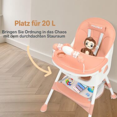 Дитячий стільчик для годування Twinky Hochstuhl Baby ECO з регульованою спинкою, функцією розкладання та столиком - підходить для новонароджених та дітей (Рожевий)