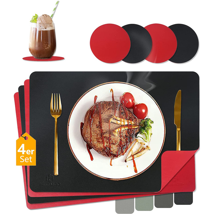 Набір підкладок під тарілки HELI MIAO, 4 шт., 43x30 см, шкіряний ефект, червоно-чорний колір, водонепроникні, термостійкі