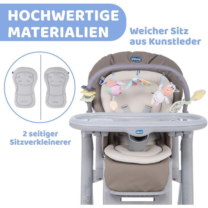 Високий стільчик Chicco Polly Magic Relax з іграшковим центром та зменшувачем для новонароджених, 8 положень по висоті, 4 колеса, Made in Italy