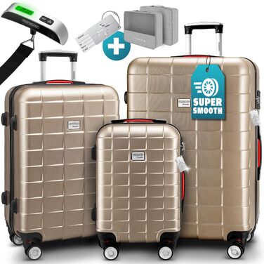 Чемодан набір Monzana® 3шт з TSA замком, вагами, органайзером, гелевими ручками, подвійними колесами, валіза-тролей, жорсткий корпус, M-L-XL, колір шампань