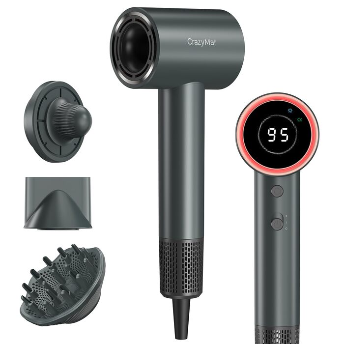 Іонний фен для волосся з безщітковим мотором 180 000 об/хв, компактний дорожній фен з 4 режимами температури та захистом від перегріву, сірий
