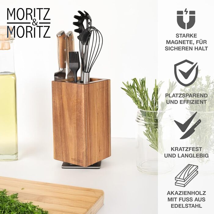 М'ясний блок Moritz & Moritz Akazie, поворотний на 360°, з магнітним утримувачем та знімним вкладишем з щетиною – зручний підставка для ножів на кухню, без ножів