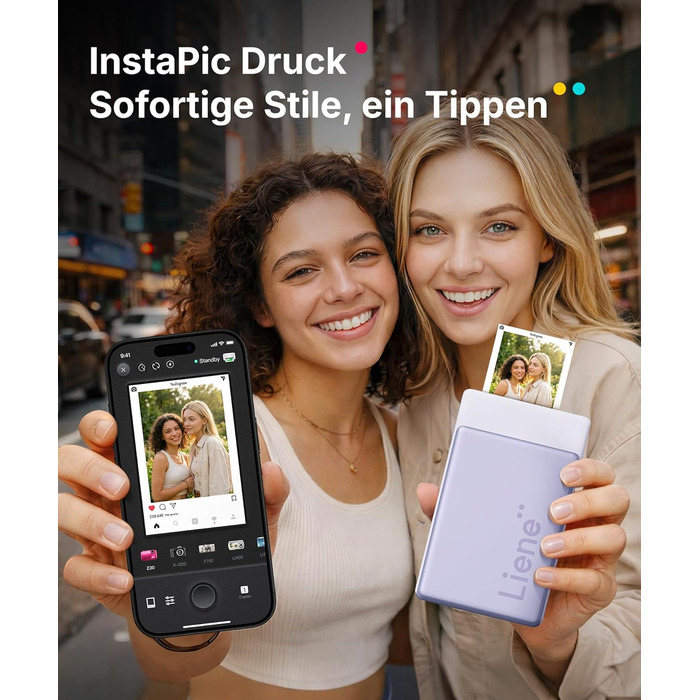 Портативний міні-фотопринтер Liene Pearl N200 Pro з підключенням Bluetooth, сублімаційна технологія, 300 dpi, для iPhone та Android, вбудований акумулятор, комплект з 50 фото (5x7,6 см) та 5 фарбовими стрічками (Lila)