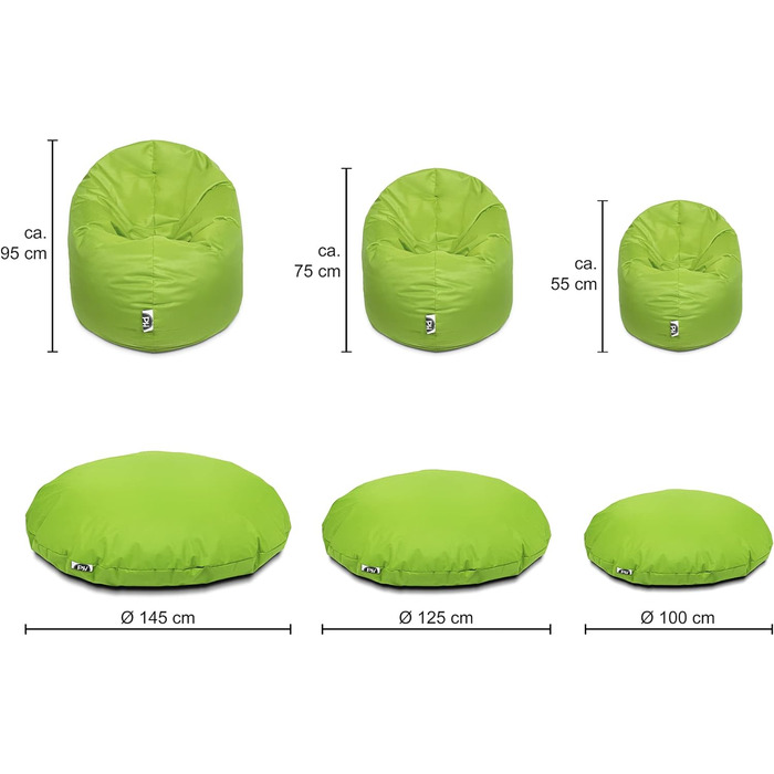 В 1 Функція Beanbag Seat Cushion Bean Bag - Kiwi - діаметр 100 см у 25 кольорах та 3 різних кольорах Розміри - повністю заповнені, 2