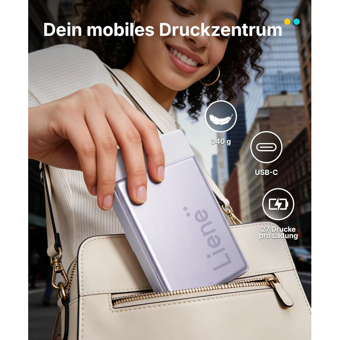 Портативний міні-фотопринтер Liene Pearl N200 Pro з підключенням Bluetooth, сублімаційна технологія, 300 dpi, для iPhone та Android, вбудований акумулятор, комплект з 50 фото (5x7,6 см) та 5 фарбовими стрічками (Lila)