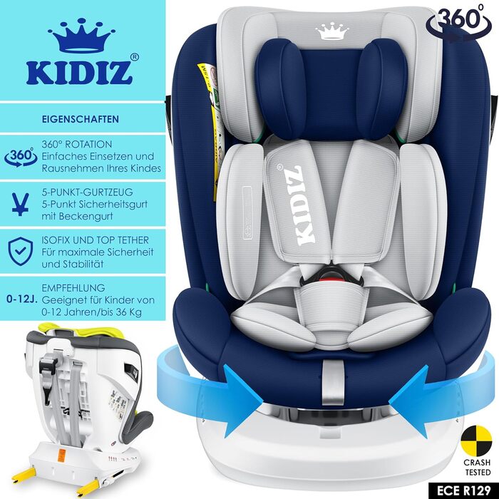 Автокрісло KIDIZ® i-Size ECE R129 для дітей 0-12 років (0-36 кг) з обертанням 360°, Isofix, Top Tether, 5-точкова система безпеки, сонцезахист (Navyblue)