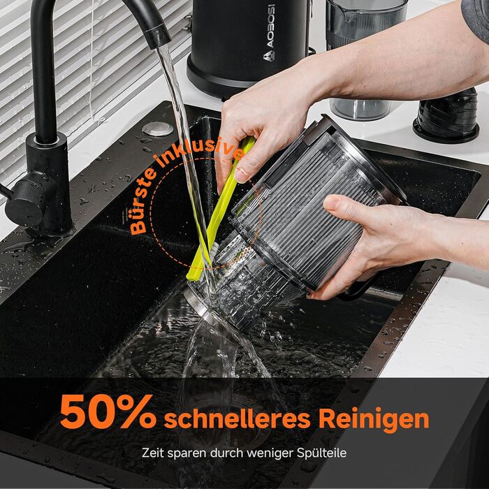 AOBOSI Повільнодіючий соковитискач з великою завантажувальною воронкою 135 мм, 200 Вт, холодний віджим, зворотний хід, потрійний фільтр, BPA-free, тихий, для свіжих соків з фруктів та овочів, чорний