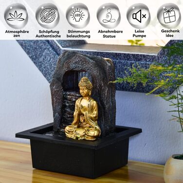 Джерело води Zen'Light Dao від Zimmerbrunnen: Будда, LED-підсвітка, для медитації та релаксації. Декор Фен-Шуй, висота 26 см, горіх