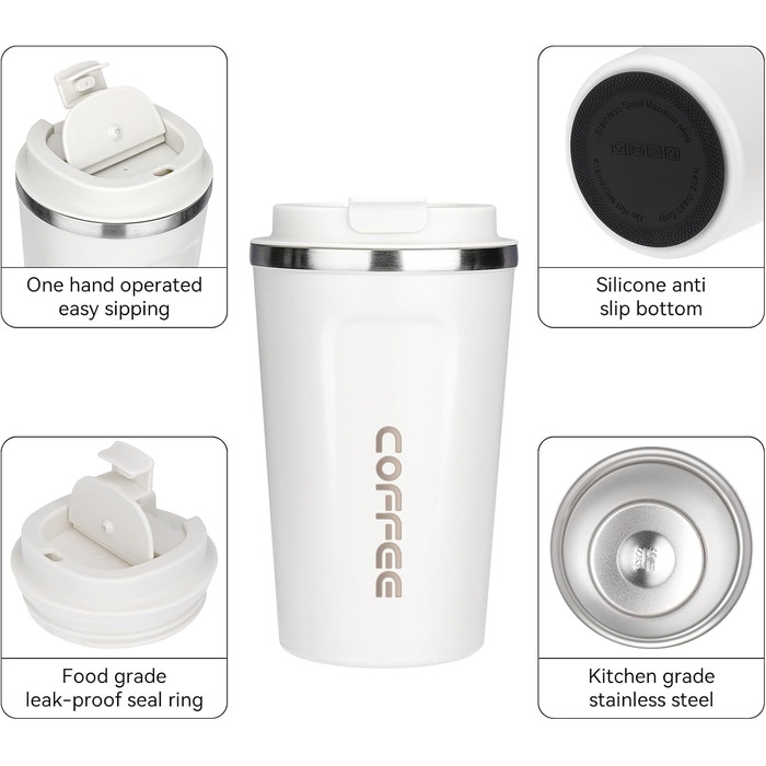 ERBO Термокружка для кави з нержавіючої сталі, 380 мл, 2 шт. (білий + рожевий), з кришкою, для кави на винос, екологічна