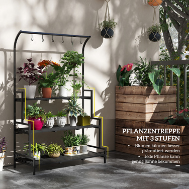 Outsunny Plant Stand Підставка для квітів з 3 ярусами та 6 гачками, сталеві сходи для рослин у чорному кольорі, 110x50x170см для саду та балкона
