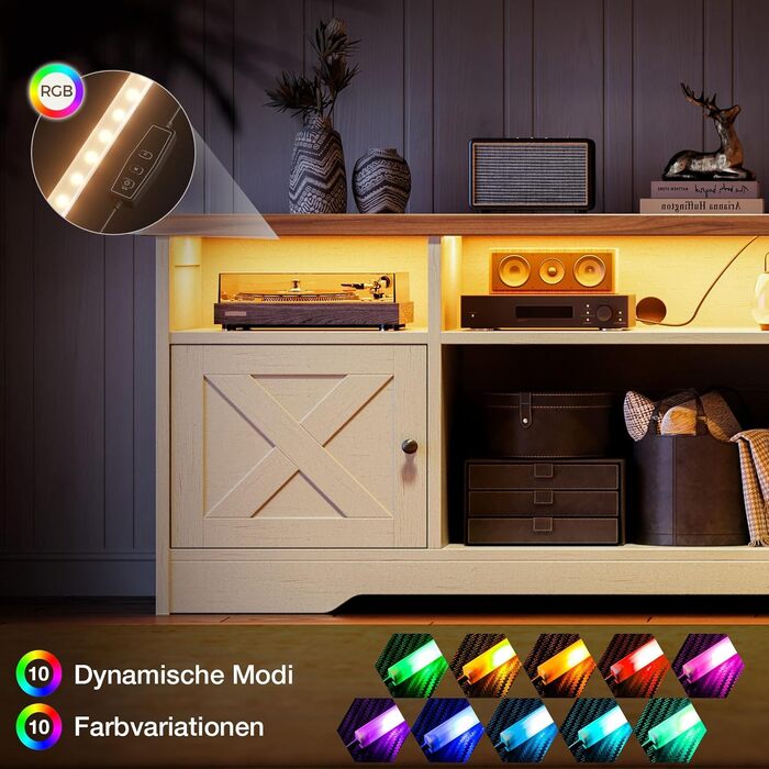 Тумба під ТВ Coleshome з розетками, USB, LED, 4 відкриті полиці та 2 шухляди, 150x35x65 см, білий та горіх