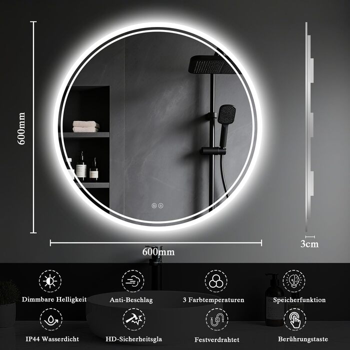 LED-дзеркало для ванної кімнати з підсвічуванням, кругле, 50 см, сенсорне керування, регулювання яскравості, функція пам'яті, дзеркало з HD-скла, захист від вибуху, запобігання запотіванню, 3 кольори світла, 60x60 см
