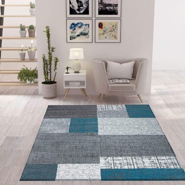 Дизайнерський Сучасний килим для вітальні VIMODA в сіро-білих тонах з коротким ворсом, розміри (200x290 см, Бірюзовий)
