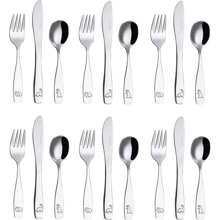 Дитячий набір столових приборів EXZACT Kinderbesteck 18 предметів з нержавіючої сталі - для дітей від 2 років - безпечні ножі, миючі в посудомийній машині, з гравіюванням (динозаври)