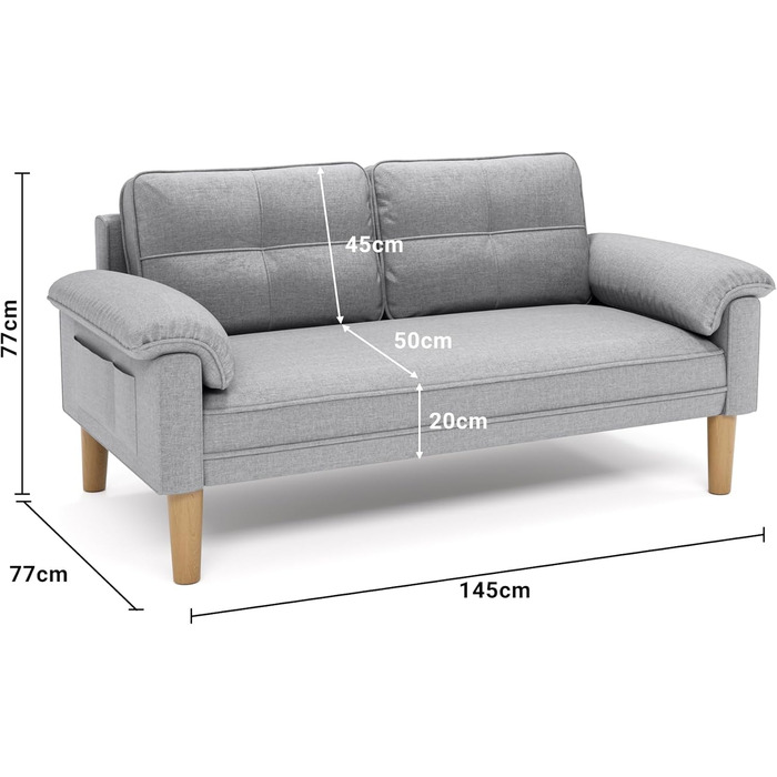Диван Xbro 2-місний, компактний диван з підлокітниками та кишенею, сучасний диван з тканини для вітальні, квартири, офісу, проста збірка, 144 x 77 x 77 см, сірий