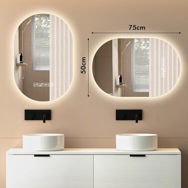 Дзеркало для ванної кімнати 600 мм з підсвічуванням, регульоване, з сенсорною кнопкою, функцією запобігання запотіванню та таймером | IP44, вологостійке, для ванної кімнати, готелю, кругле (Музика 500 мм 750 мм)