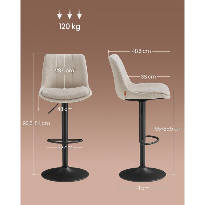 Барні стільці VASAGLE 2 шт., регульовані по висоті, обертаються, зі спинкою та підніжкою, для кухні, їдальні, бару, сталеві, LJB195G02 (кремово-білий, фланель)