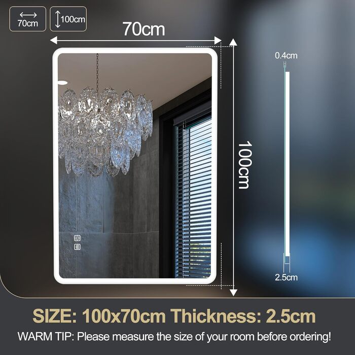 Дзеркало для ванної кімнати S'bagno з підсвічуванням 80x60 см, Bluetooth, 5x лупа, протитуманне покриття, 3 кольори, регулювання яскравості, пам'ять налаштувань, загартоване скло, IP44 вологостійкість, горизонтальне/вертикальне встановлення