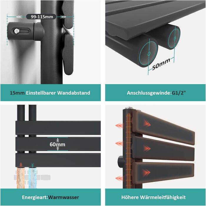 Електричний рушникосушар EMKE 104x50 см, чорний, 529W, бічний підключення
