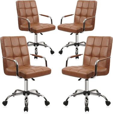 Офісний крісло Clatina з шкіри, на колесах, ергономічний, з середньою спинкою та підлокітниками, поворотне, регульоване по висоті, для дому, кабінету, 160 кг (Колір: Коричневий, Комплект: 4 шт.)