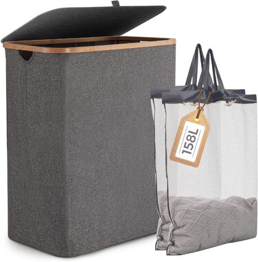 Кошик для білизни Rieeyrslza з кришкою 158л з бамбука та тканини Оксфорд, знімні мішки для білизни, складний сортер для білизни, багатофункціональний кошик для зберігання (сірий)