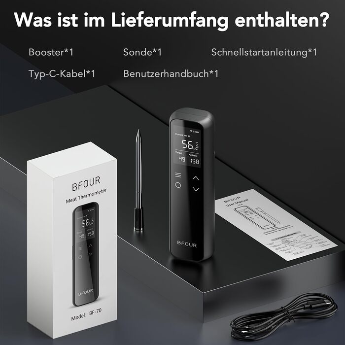 Термометр для м'яса BFOUR WiFi з Bluetooth, 6 сенсорів, з App-керуванням, бездротовий, для гриля та запікання