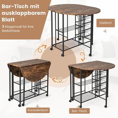 Набір барних столів COSTWAY з 3 предметів розкладний обідній стіл на коліщатках з полицями, кошиками та табуретами (вінтаж)