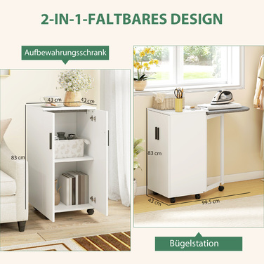 Складаний шафа-прасувальна дошка 2-в-1 на колесах з регульованою полицею для маленьких приміщень, білий