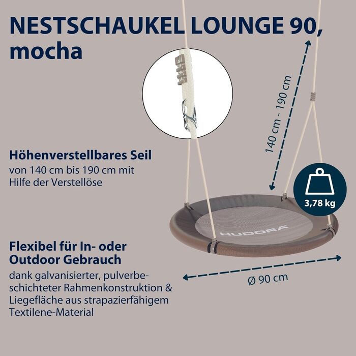 Шоукель HUDORA Nestschaukel Lounge - регульована висота, діаметр 90/110 см, до 150 кг, закрита сидіння, сімейна для дому та саду (Моха, 90 см, Single)