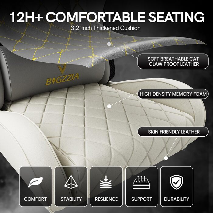 Ігровий крісло Bigzzia з RGB LED підсвічуванням - ергономічне геймерське крісло з підтримкою попереку та підніжкою, регульоване та поворотне, з PU-шкіри, 150 кг, сірий