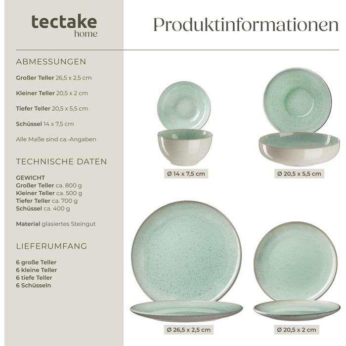 Набір посуду tectake® на 6 осіб (30 предметів), керамічний посуд, ручної роботи, з тарілками, мисками та чашками, придатний для миття в посудомийній машині та використання в мікрохвильовій печі - (24 предмети, Mid Sea)