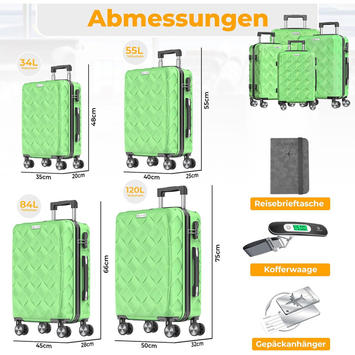 Набір дорожніх валіз KESSER з ABS-пластику, 4 предмети: жорсткі валізи з кодовим замком, вагами та гаманцем, колеса 360°, колір Apple Green