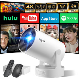 Портативний проєктор Mini Beamer 4K/1080P з WiFi 6, Bluetooth 5.4, Keystone 180°, сумісний з HDMI, TV Stick, Memory Stick, Laptop (Білий)