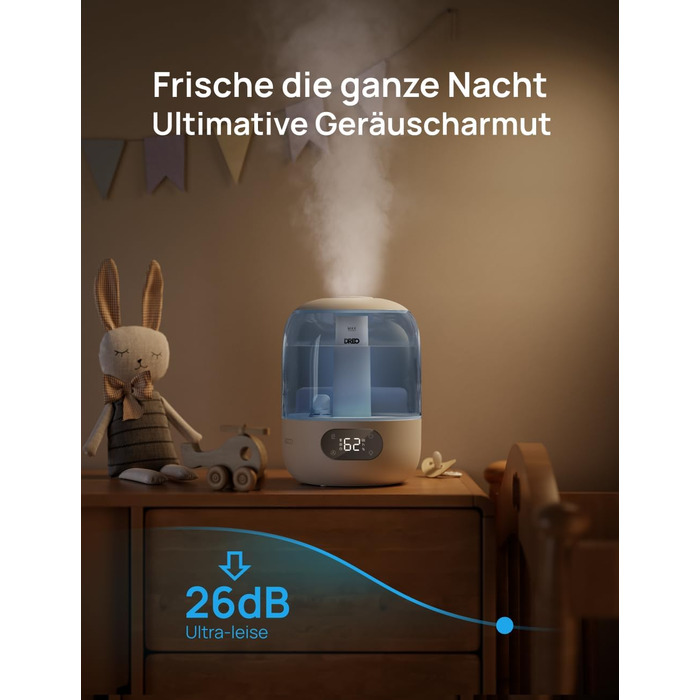 Зволожувач повітря Dreo для спальні, ультразвуковий холодний туман, 30 годин роботи, 3L резервуар з верхнім заповненням, датчик вологості, нічне світло для дітей, кімнати, рослин та дому (Blue)