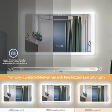 Дзеркало для ванної кімнати YOURLITE з LED-підсвічуванням 100x60 см, сенсорне управління, годинник, антизапотівання, 3 кольори світла, регулювання яскравості, функція пам'яті, білий - 60100