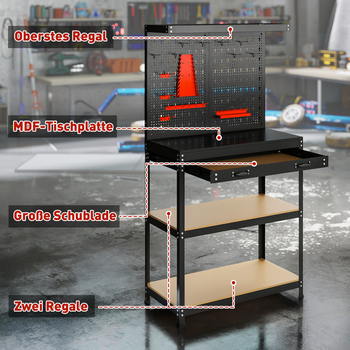 Робочий стіл 80 x 40,5 x 155 см: інструментальний стіл з перфорованим щитом, гачками, ящиком та 2 полицями для майстерні, чорний