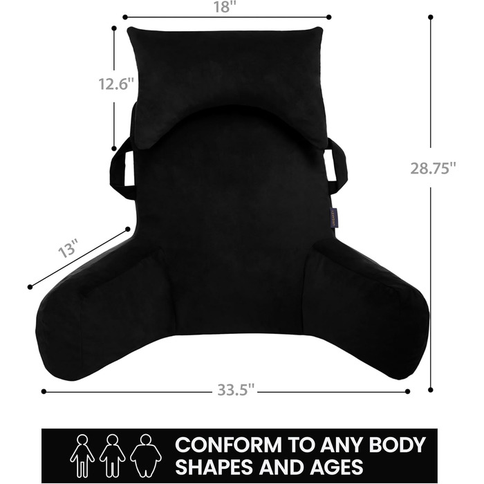 Підкова для читання з підголовником, м'яке спинне крісло з підлокітниками та кишенями для дорослих, зручне ліжко з піною з пам'яті для гуртожитку (Чорний, Преміум Великий)