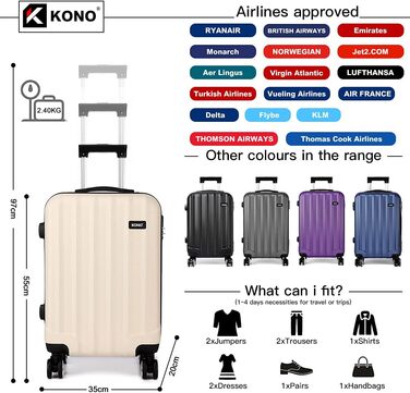 KONO Легкий ручний багаж, 55 x 35 x 20 см, жорсткий корпус, ABS, 4 колеса, бежевий колір