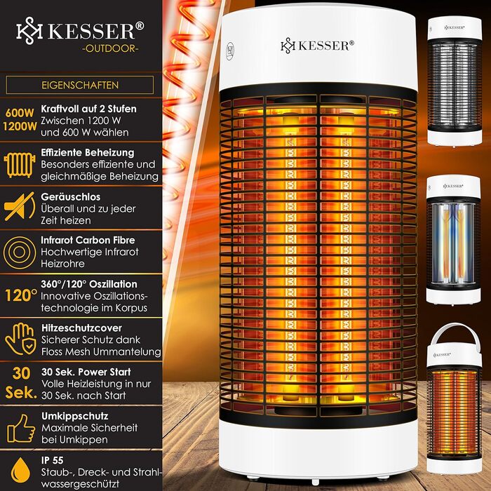 Інфрачервоний обігрівач KESSER Radiant Heater, Енергоефективний обігрівач 700 Вт Інтер'єр з коливанням на 360, Підлоговий блок, Електричний обігрівач IP55, Обігрівач для патіо (1200 Вт, білий)