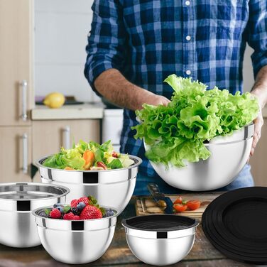 Набір місок HaWare 7 шт. з нержавіючої сталі з кришкою, 6.5-0.7L, чорний, для приготування їжі, миття в посудомийній машині