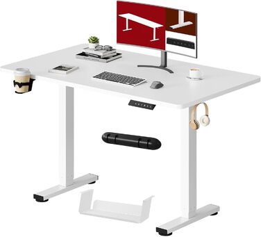 Регульований стіл Sanodesk 110x54 см – компактний стоячий стіл з аксесуарами, для маленьких приміщень, з антиколізійним захистом (білий)