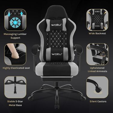 Ігровий крісло WOLTU з масажем, комп'ютерне ергономічне крісло, кишенькові пружинні подушки, поперекова масаж, підголовник, підніжка, поворотне крісло, 150 кг, Рожевий+Білий (Чорний+сірий, сітчаста тканина)
