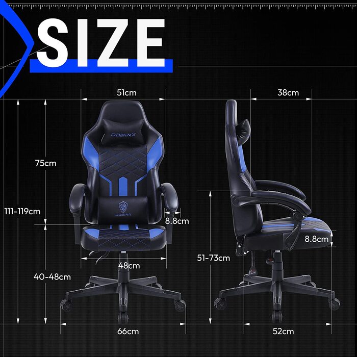 Ігрове крісло Dowinx, гоночне ігрове крісло з пружинною подушкою, ергономічне ігрове крісло з масажною поперековою опорою, офісне крісло зі штучної шкіри з розширеною спинкою 150 кг (Чорний) (Чорний, синій)