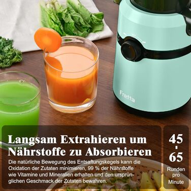 Фреш-прес Fretta: повільний соковичавник з широкою завантажувальною трубою (108 мм), 200W, 1 л, BPA-free Tritan, блакитний