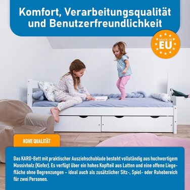 Ліжко дитяче Вробель Kinderbett 90x200 см з 2 шухлядами та ламелями - односпальне ліжко з масиву сосни - ліжко Монтессорі для дітей та підлітків, біле - без матрацу 90 x 200 см