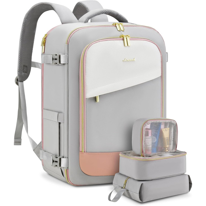 LOVEVOOK Рюкзак для ручної поклажі, жіночий/чоловічий, 40L, водонепроникний, з відділенням для взуття, 17 дюймів для ноутбука, сірий+рожевий+бежевий