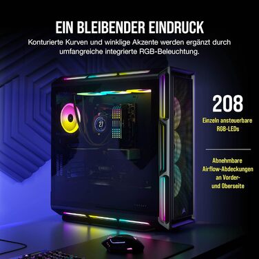 Корпус для ПК Corsair iCUE 5000T RGB, середній ATX, 208 адресованих RGB-LED, підтримка кількох 360-мм радіаторів, 3 вентилятори LL120 RGB, контролер COMMANDER CORE XT, чорний