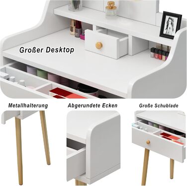 Дзеркальний туалетний столик DATO з LED-підсвічуванням, 3 режими кольору та регулюванням яскравості, з пуфом, 5 шухляд та 3 полиці, розсувний дзеркало (121)